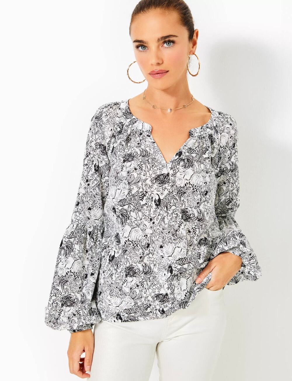 Lilly Pulitzer Womens L Black White Floral Zebra Sullivan Puff Sleeve Blouse